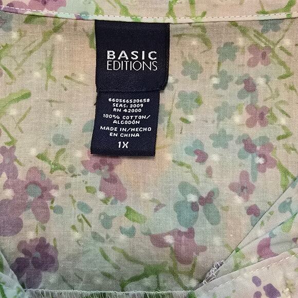 Basic Editions Womens Button Up Shirt 1X Purple Floral Print Pintuck Swiss Dot - Picture 3 of 9